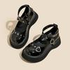 Fashion Thick Soled One Line Buckle Love Mary Jane Shoes, Female Rivet Lolita Big Head Small Leather Shoes