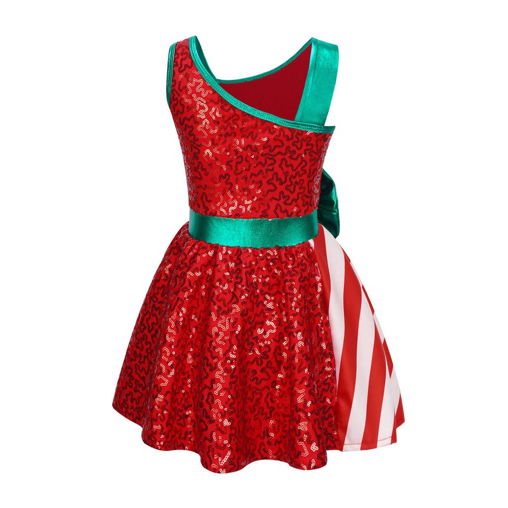 Girls Christmas Shiny Sequin Sleeveless Dress Ballet Dance Leotard Dress Christmas Party Performance Costume
