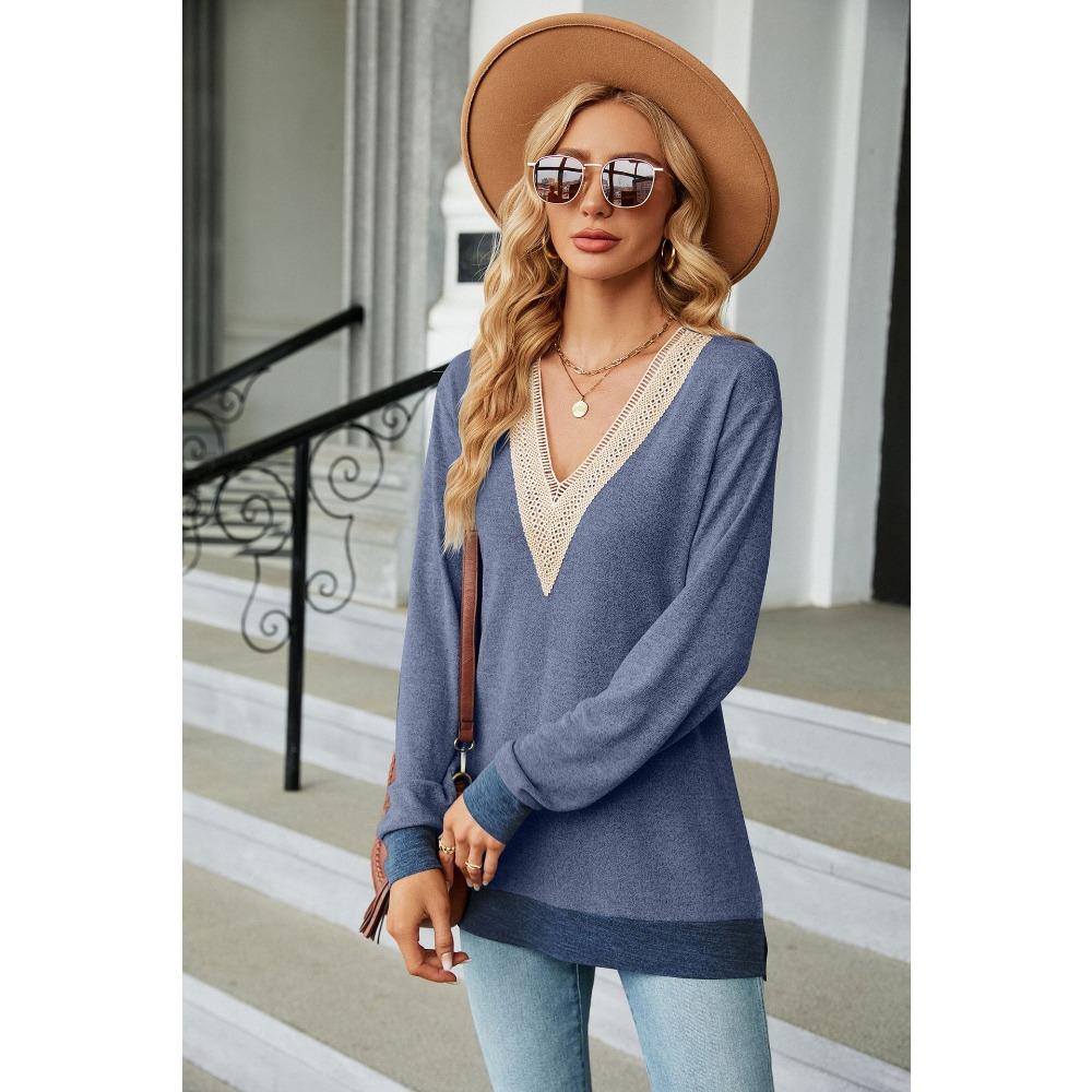 Women's Long Sleeve T-Shirt Fall/Winter Sweatshirt Women's Lace V-Neck Color-Blocked Split Hem Loose Top