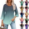 Women's 3/4 Bell Sleeve Tops O-Neck Summer Pleated Shirts Trendy Dressy Casual Loose Fit Tunic Blouses
