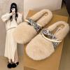 Flat-bottomed Plush Slippers for Women To Wear Outside Autumn and Winter New Warm One-pedal Maternity Cotton Slippers