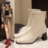 Fashion 2025 Autumn and Winter New High-end High-heeled Booties Women's Block Heel Square Toe White Skinny Boots