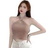Women's Knitted Camisole Halterneck Lightweight Crop Top Solid T Shirt Sleeveless Tank Top Criss Cross Casual Base Shirt