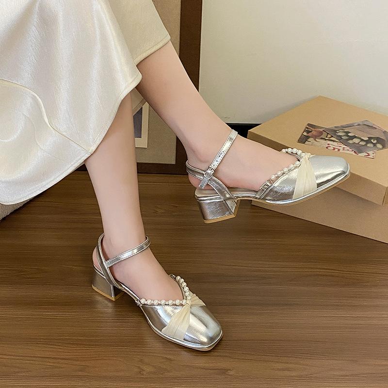 Women's French Style with Bag Head, Beautiful Silver Skirt Sandals, One-word Heel with Fairy Style Thick Sandals, Female Middle Heel