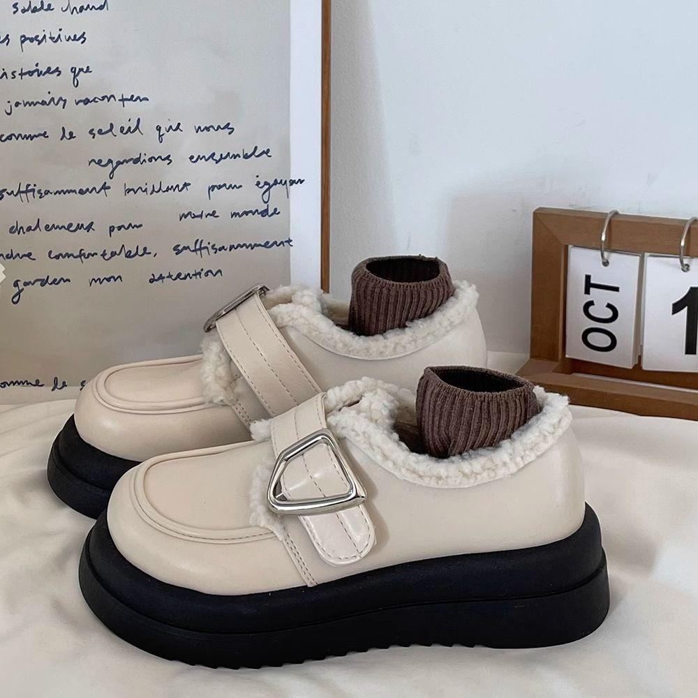 Platform Muffin Velvet Small Leather Shoes Women's 2025 New Autumn and Winter Warm Retro British Style Loafers Cotton Shoes Tide