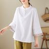 Summer Retro Women's Blouse Jacquard Cotton Linen Top Casual Pan Button Seven Point Sleeve Shirt