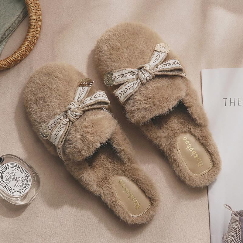 Flat Bottom Fluffy Slippers Women's Outer Wear Spring and Autumn Small Fragrant Wind 2024 New Non-slip Indoor Home Plush Bag Head Cotton Mop