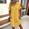 Summer Women Dress Turn-down Collar Single-breasted Loose Short Sleeves Loose Solid Color Patch Pocket Knee Length Commute Leisure Midi Dress