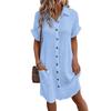 Summer Women Dress Turn-down Collar Single-breasted Loose Short Sleeves Loose Solid Color Patch Pocket Knee Length Commute Leisure Midi Dress