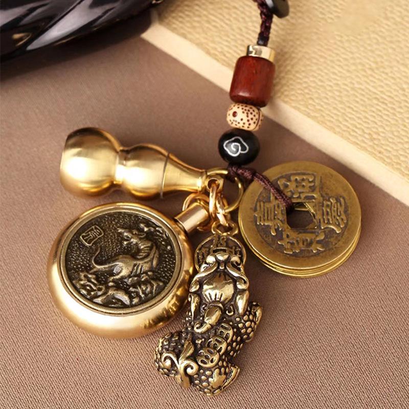 Pixiu Cinnabar Brass Keychain with Zodiac and Five Emperors Coins Pendant