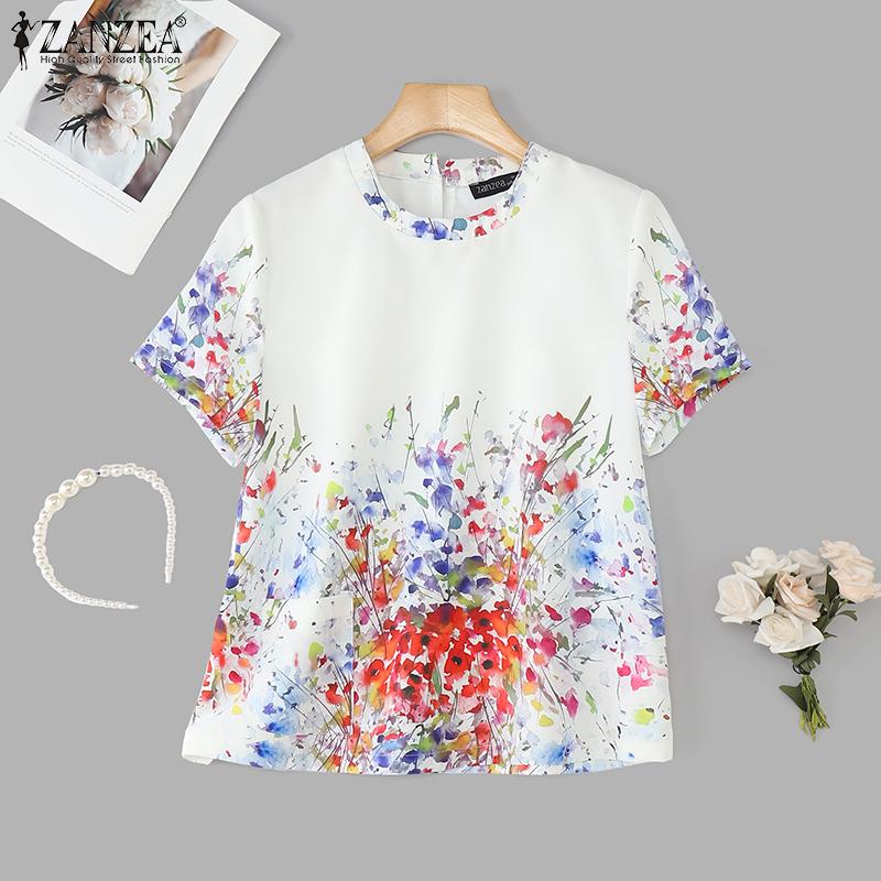 ZANZEA Women Casual Round Neck Summer Short Sleeve Print Blouse