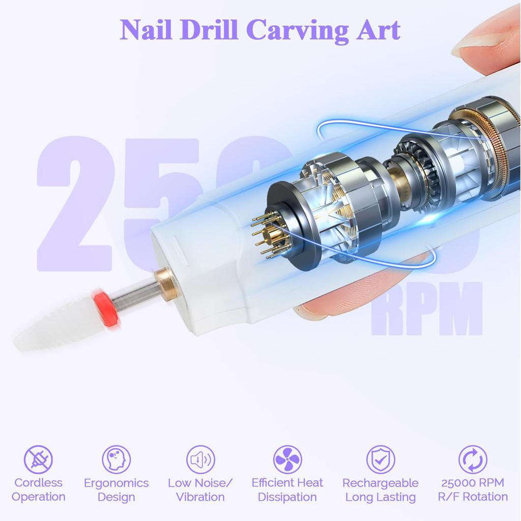 Portable Nail Drill 25000 RPM Cordless Electric Manicure Machine With 6 Bits Rechargeable Nail File Drill For Home Salon Use