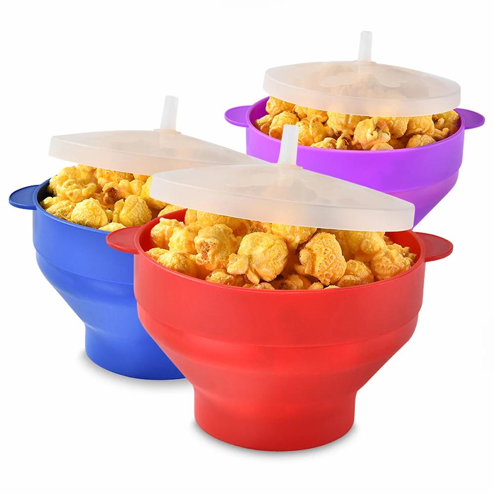 1/3Pcs Silicone DIY Microwave Popcorn Bowl Bucket Red Popcorn Maker with Lid Chips Fruit Dish High Quality Kitchen Easy Tools