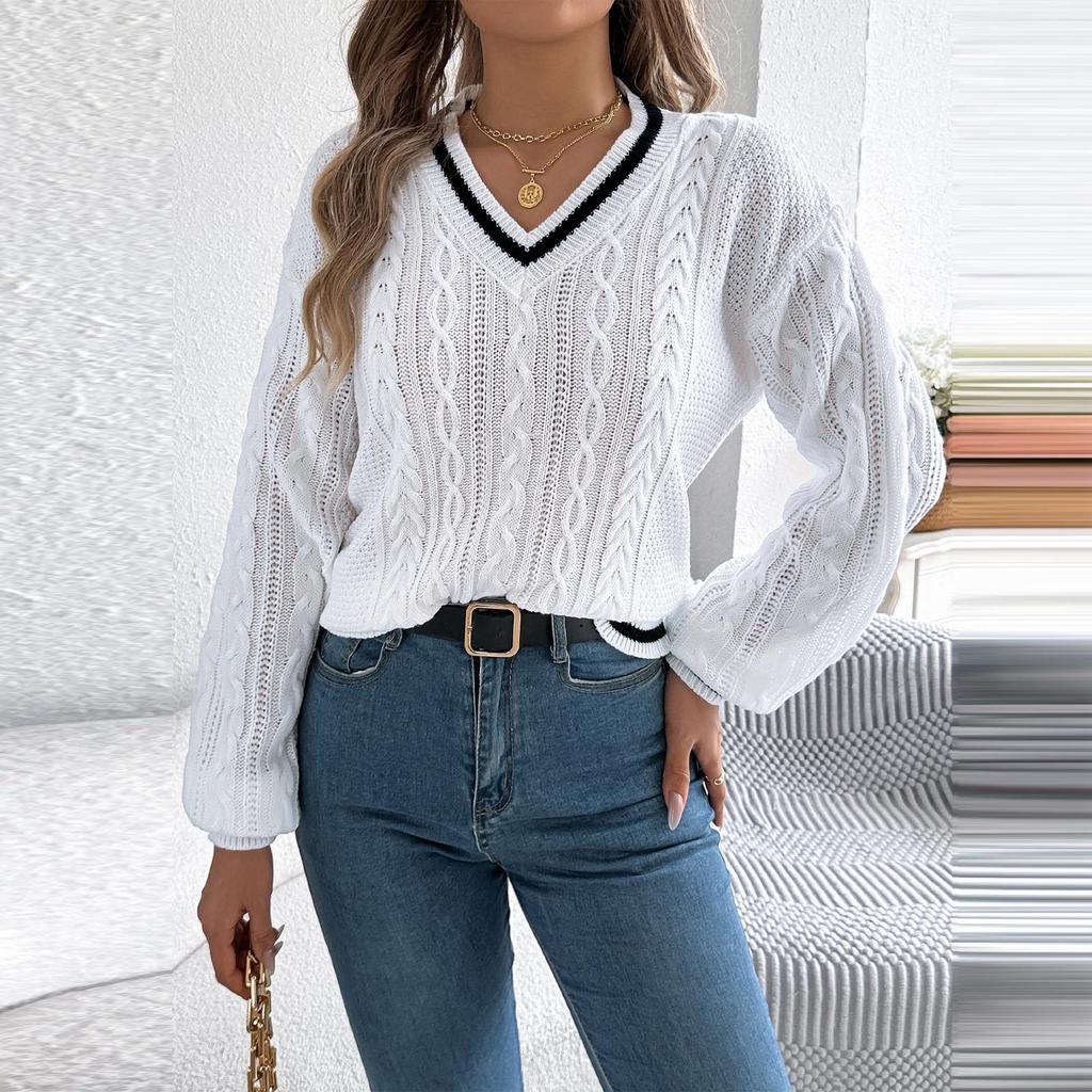 Women's Color-blocking V-neck Long-sleeved Sweater