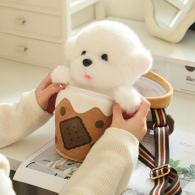 Milk Tea Cup Cute Dog Doll Crossbody Shoulder Bag Doll Creative Simulation Plush Toy Girl Best Friend Gift