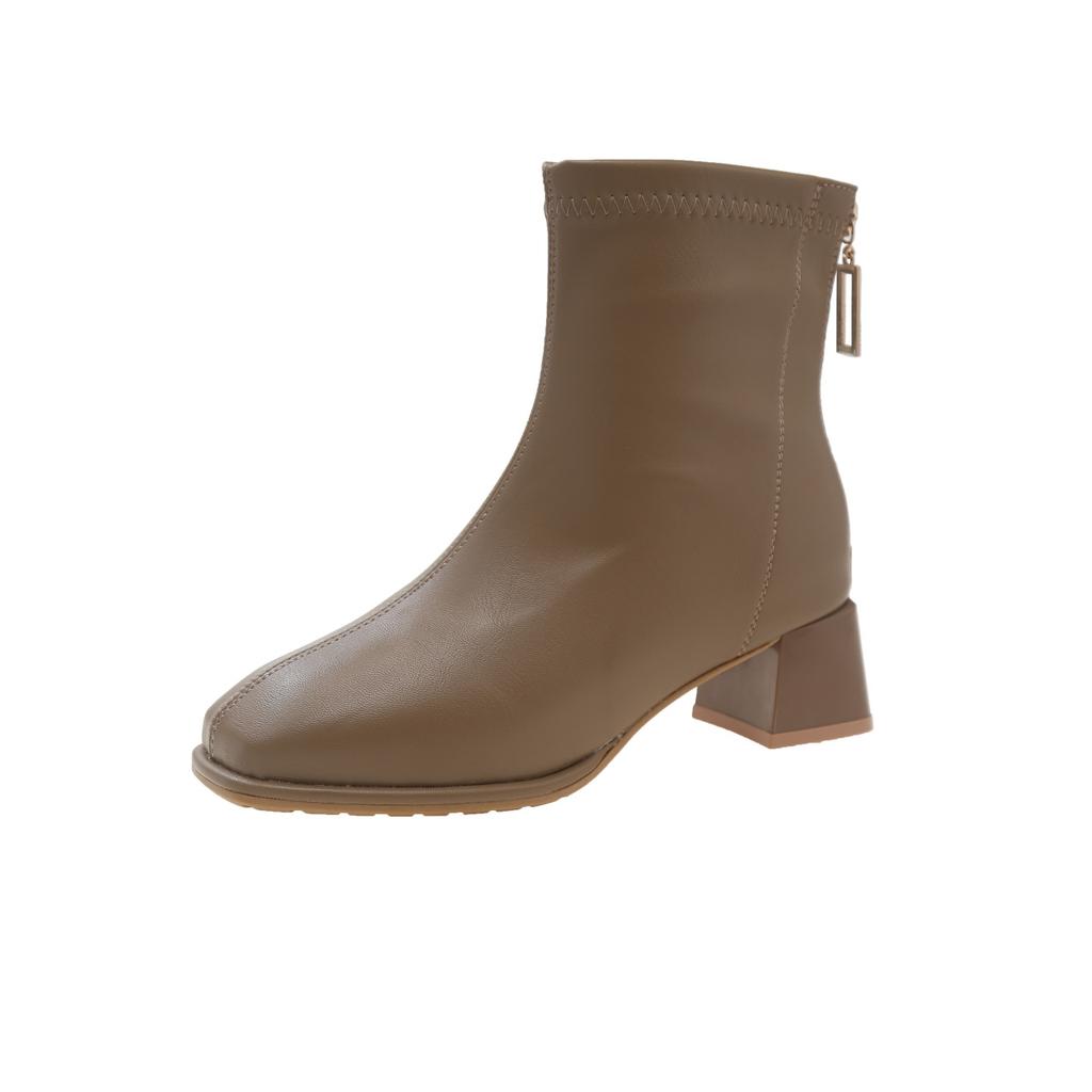 2025 Autumn and Winter New Korean Version Velvet Martin Boots Women's Head Thick Heel Short Boots Versatile Rear Zipper Elastic Thin Boots