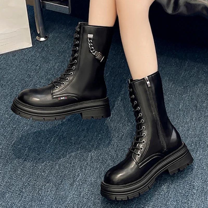 Fashion 2024 Hot Sale Shoes Female Lace Up Zipper Women's Boots Autumn Round Toe Solid Short Barrel Platform Water Proof Fashion Boots