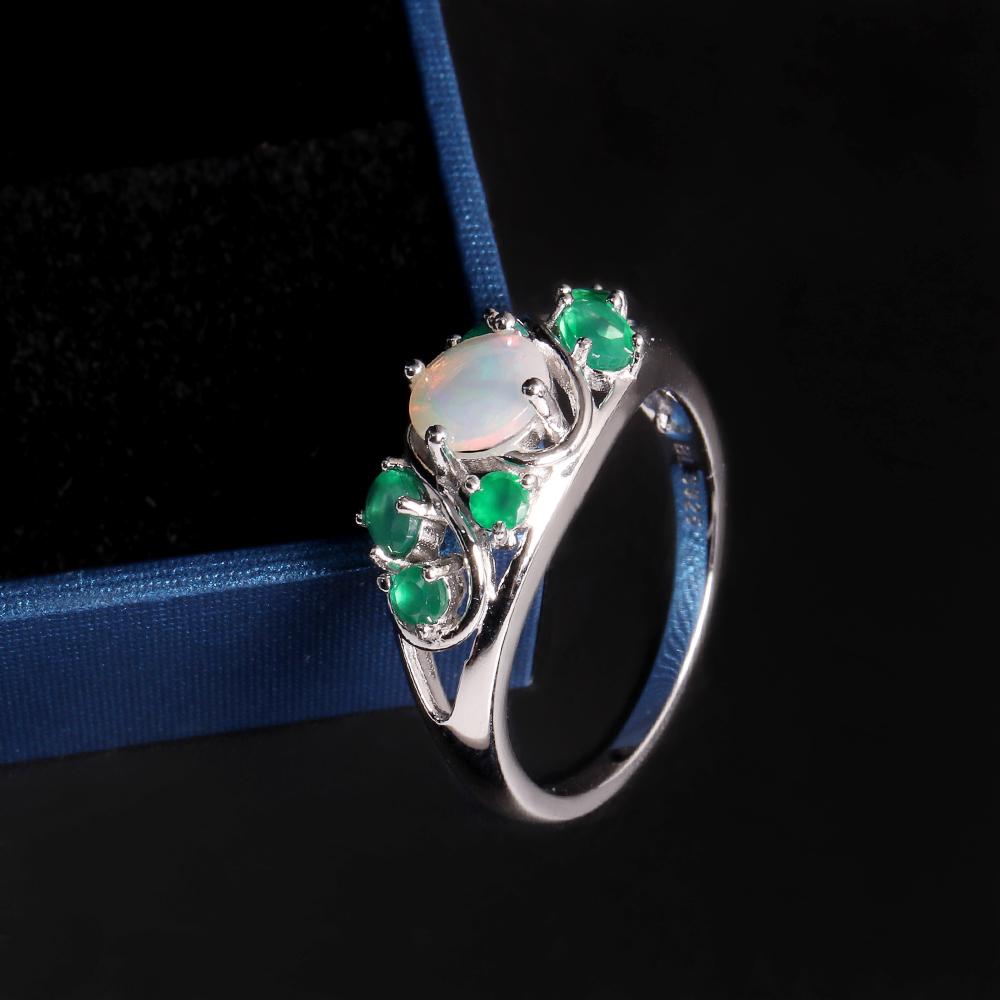 Luxury Design Natural Color Rich Opal & Green Agate Gemstone Ring Earrings Set Light Luxury Beautiful Jewelry for Women