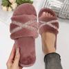 Fashion Elegant Crystal Plush Slippers Women Lightweight Slip On House Cotton Slides for Woman Winter Faux Fur Cotton Slippers Lady