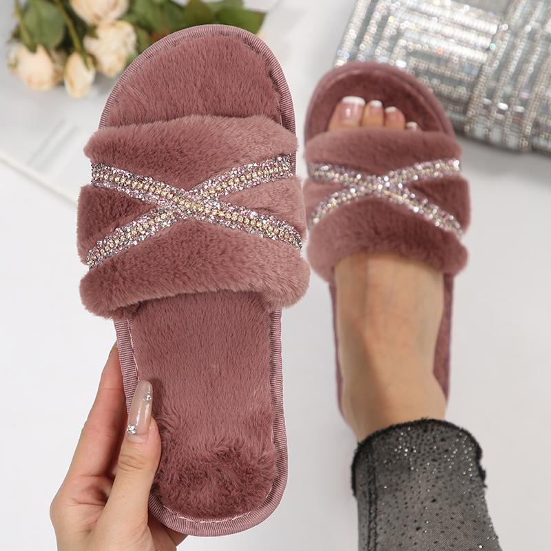 Fashion Elegant Crystal Plush Slippers Women Lightweight Slip On House Cotton Slides for Woman Winter Faux Fur Cotton Slippers Lady