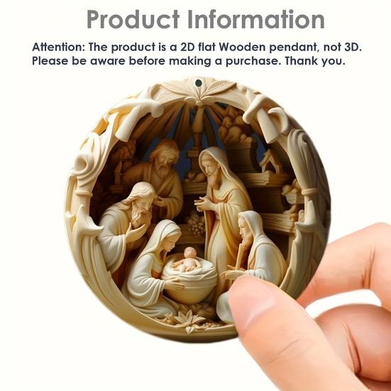 12 Pcs Nativity Scene Ornament Round Wooden Birth of Jesus Christian Keepsake Religious Hanging Pendant for Christmas Home Car Decor