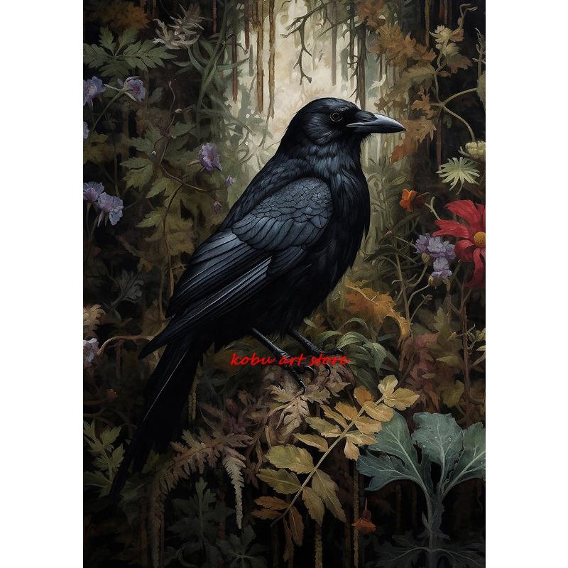 Dark Academia Raven Floral Forest Vintage Poster Gothic Crow Portrait Canvas Paintings Wall Art Print Picture Living Room Decor