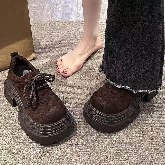 Retro British Style Big Head Shoes Loafers Women's 2025 Spring and Autumn New Versatile Lace-up Fashion Trendy Platform Single Shoes Women