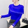 Spring Autumn Women's Ruffles Hotfix Rhinestone T-Shirt Elegant Full Sleeve O-neck Tees Slim Ladies Tops