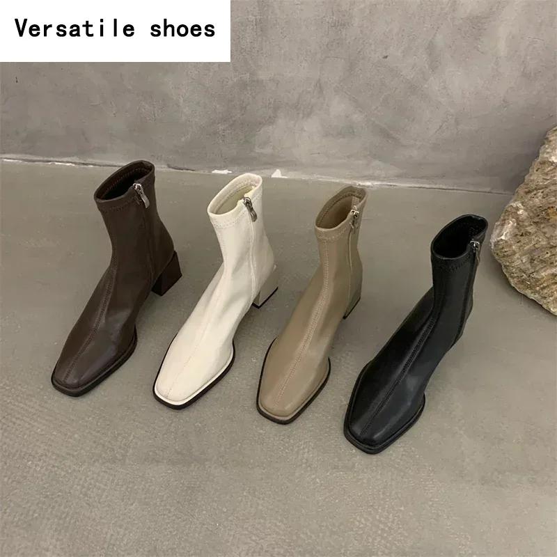 Women Ankle Boots Woman Square Heel Fashion Zipper Autumn Winter Women's Shoes Leather Girl's Short Booties