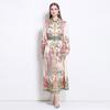 Spring Autumn Women Vintage Designer Print Runway Dresses Turn-down Collar Single Breasted Long Maxi Party Shirt Dress With Belt