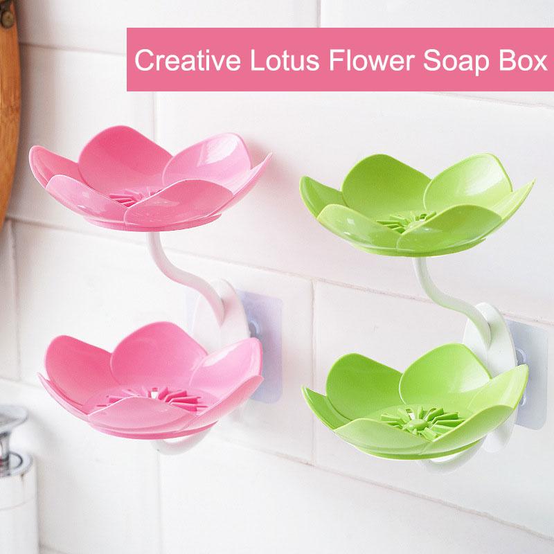 Creative Lotus Flower Soap Box 2 Tier Serving Tray Utensil Holders Suction Wall Tray Floral Soap Dish Shelf Holders Soap Holder
