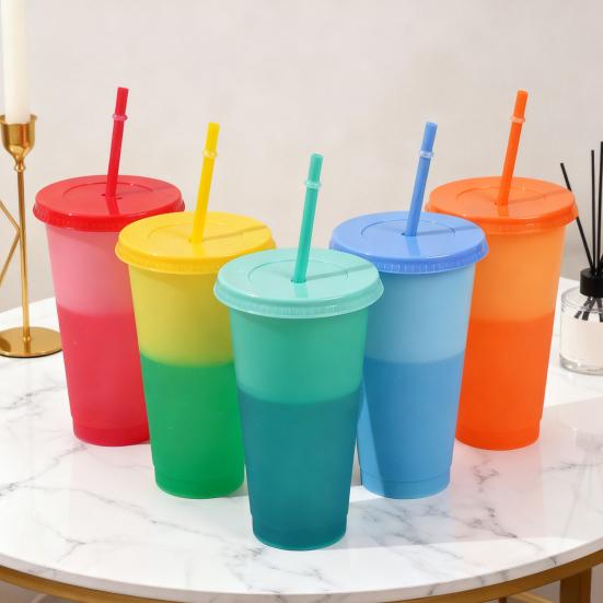Color Changing Plastic Tumbler with Straw 24oz Reusable Cold Water Cup Leak-Proof Stackable Drinkware for Indoor Outdoor Use