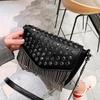 Fashion Tassel Diamonds Brand Design Mini Chain Shoulder Bag Crossbody Black Leather Rivets Female Bolsa Sac A Main