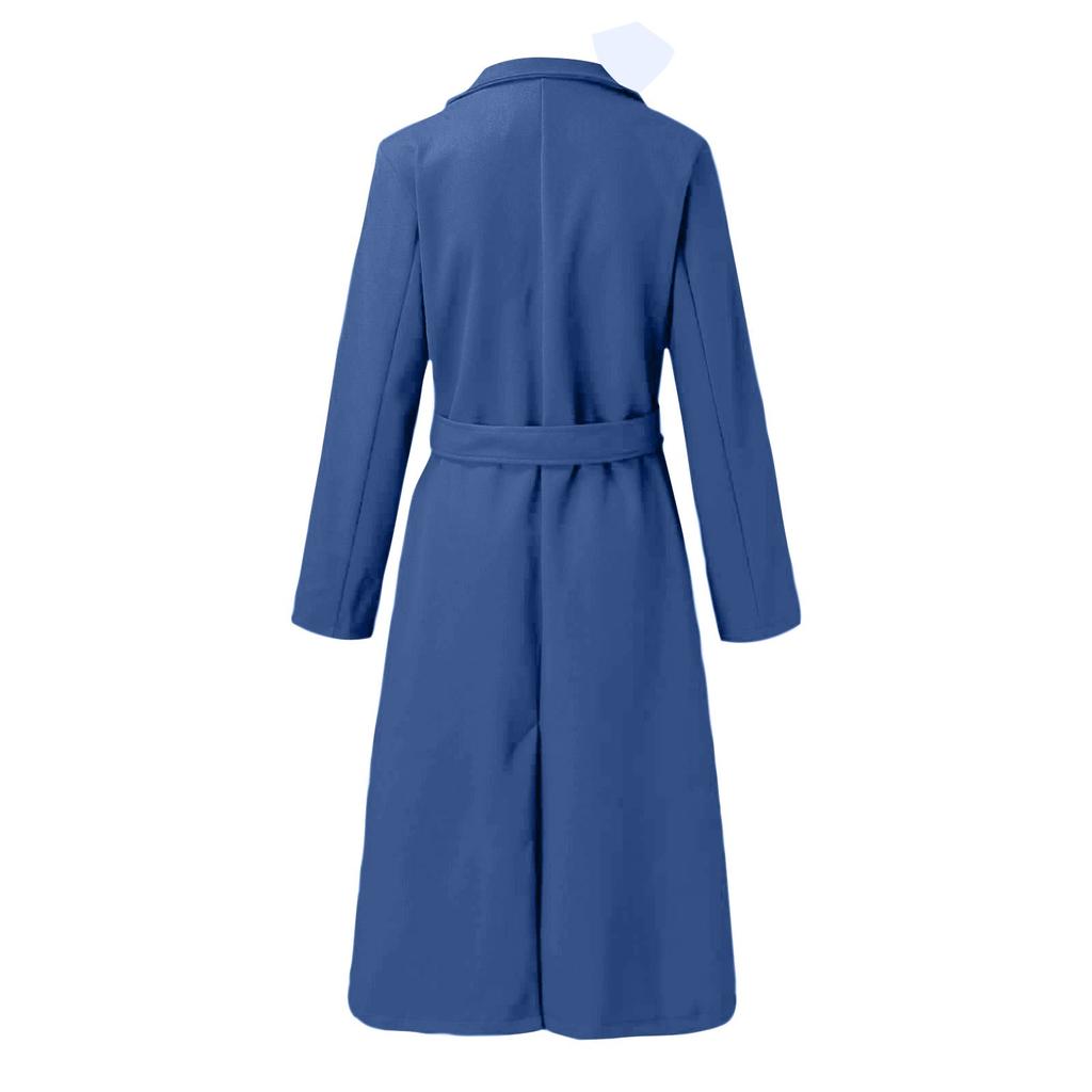 Women's Casual Fashion Solid Color Long-sleeved V-neck Tie Long Woolen Coat