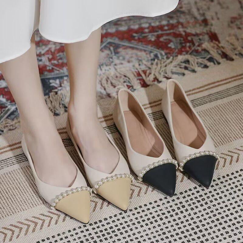 Fashion Splicing Color Pearl Pointed Toe Woman Flats Promotion Spring and Autumn Chic Point Comfortable Elegant Slip-on Shoes for Women