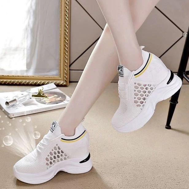 High Heeld Wedge Breathable Women's Shoes Summer New Black White Shoes Hidden Wedges Heel 8cm Casual Lace Up Platform Increase Sneakers Woman