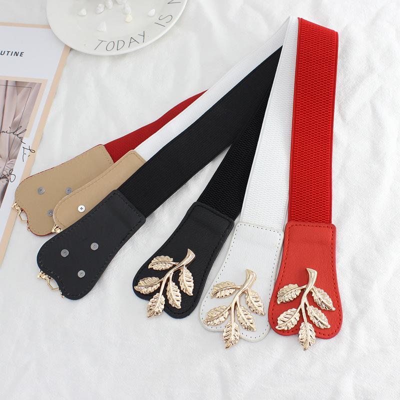 Gold Leaf Pair Buckle Elastic Belt Women'S Dress Decorative Fine Elastic Waist Seal Three Sizes