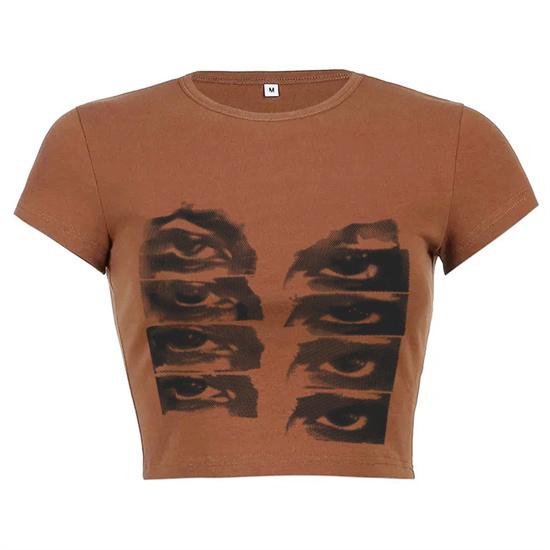 Vintage Short-sleeved T-shirt Female Y2k Aesthetic Graphic Eye Print Crop Top Streetwear Harajuku O-neck Gothic Tee Slim