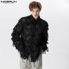 Men Lapel Long Sleeve Tassel Patchwork See Through Mesh Shirts Tops