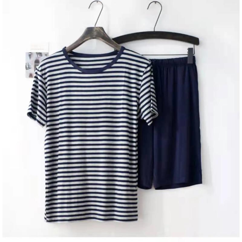 Men's New Summer Modal Pajamas Short-sleeved Shorts Striped T-shirt Comfortable Plus Size Home Service Suit Sleep Wear Men
