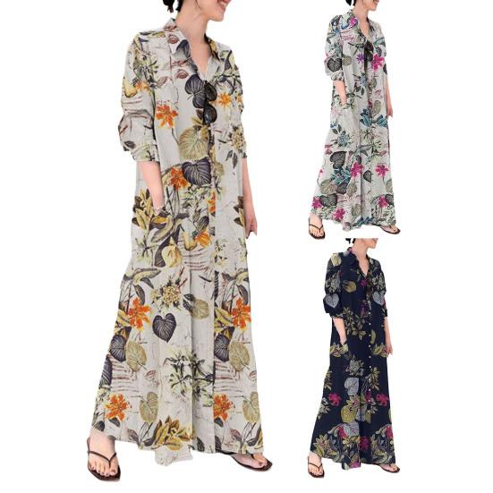 Dress Loose Colorful Flower Print Ankle Length Long Sleeve Pockets A-line Lapel Single-breasted Soft Breathable Maxi Dress