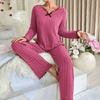2Pcs/Set Women Pajamas Set V-Neck Long Sleeve Lace Trim Tops Elastic