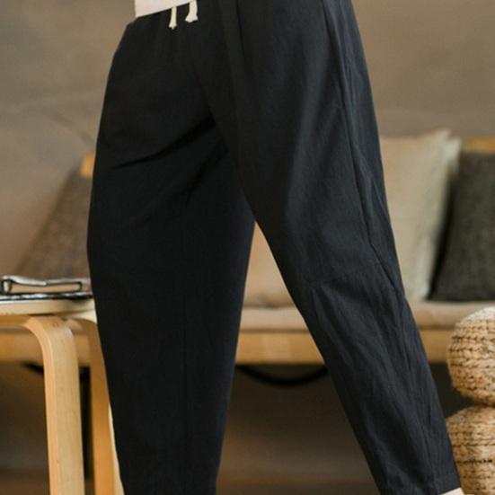 Men Ninth Pants Loose Straight Drawstring Elastic Waist Pockets Plus Size Solid Color Breathable Soft Ankle Length Casual Sweatpants
