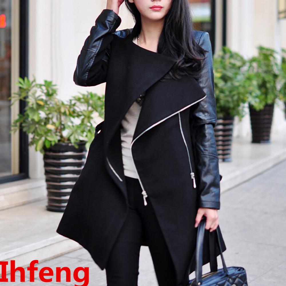 Millionclub  Winter Fashion Warm Women's Zipper Leather Patchwork Long Jacket Fur Coat