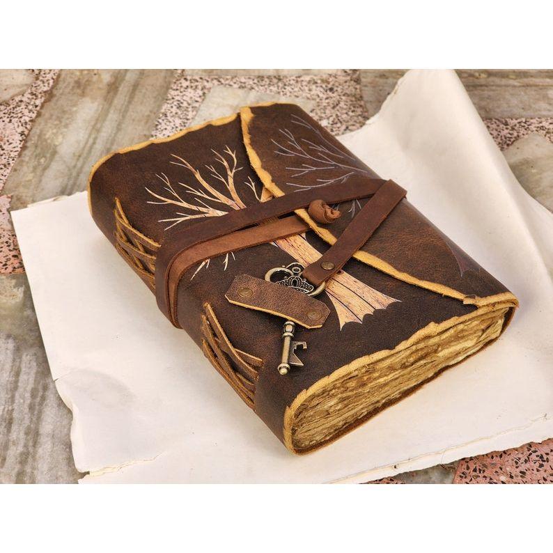 Tree of Life Leather Journal - Antique Handmade Deckle Edge Vintage Paper Leather Grimoire, Book of Shadows, Spell Notebook, Gift for Him