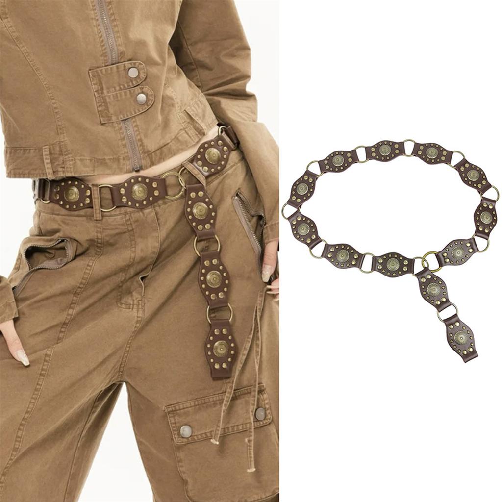 Stitching Waist Belt Carved Flower Rivets Waist Belt PU Wide Belt Adjustable Coat Dress Female Ethnic Style Waistband