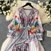 Bohemian Floral Chiffon Summer Dresses for Women 2025 Runway V-Neck Long Lantern Sleeve Sashes Beach Holiday Dressess Boho Robe