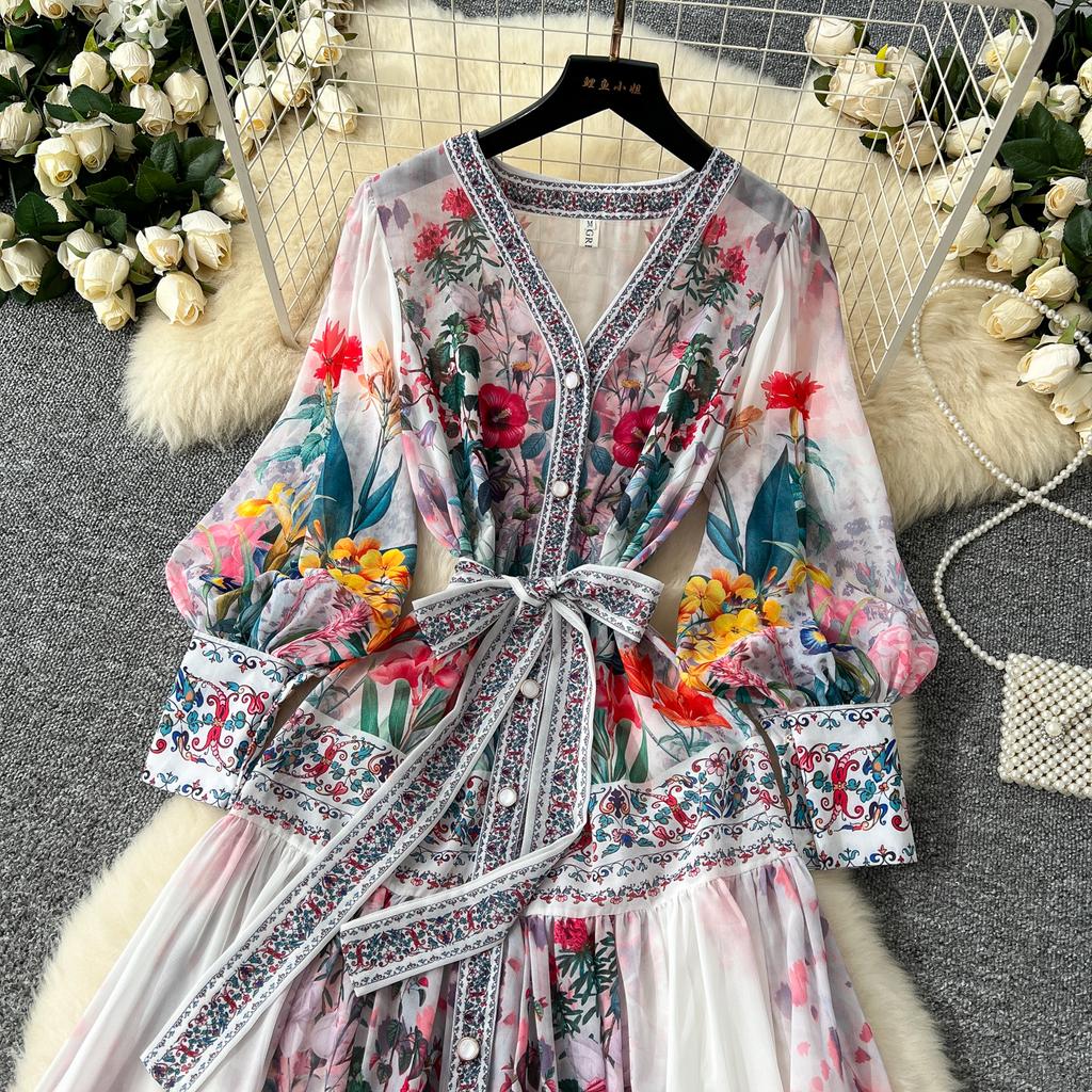 Bohemian Floral Chiffon Summer Dresses for Women 2025 Runway V-Neck Long Lantern Sleeve Sashes Beach Holiday Dressess Boho Robe