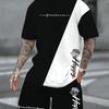 Summer Men's Suit Color Block Patchwork Printed Sports T-shirt Set Casual Short Sleeve Matching Shorts Men's Summer Suit