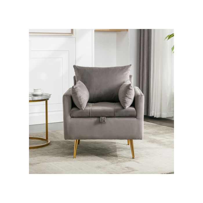 Fauteuil - MUVOE - Moderne - Velours Gris - Espace De Rangement - Coussins Amovibles